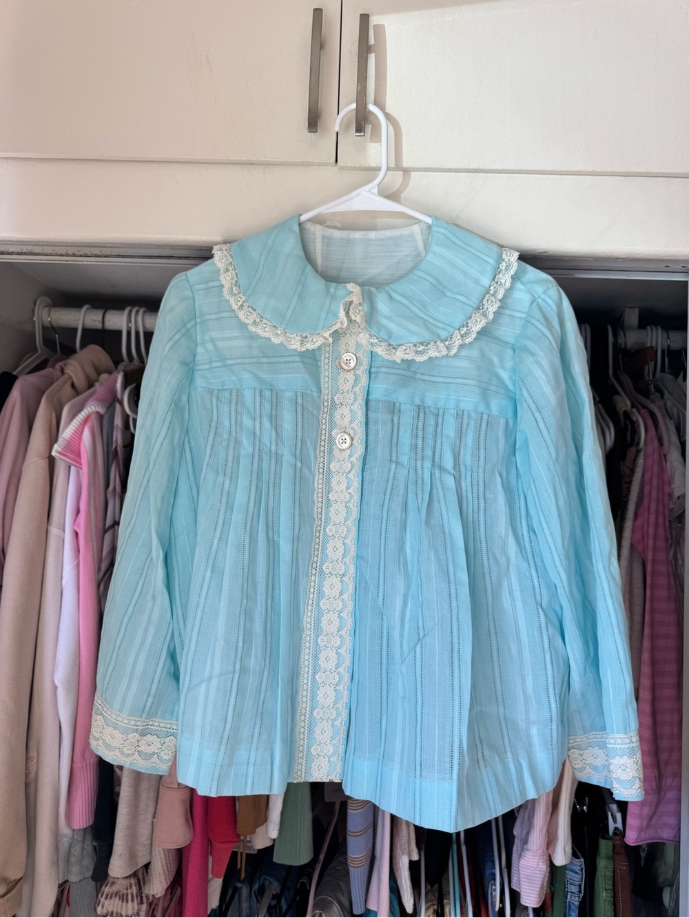 Vintage Blue Button Down Shirt with White Lace Trim
